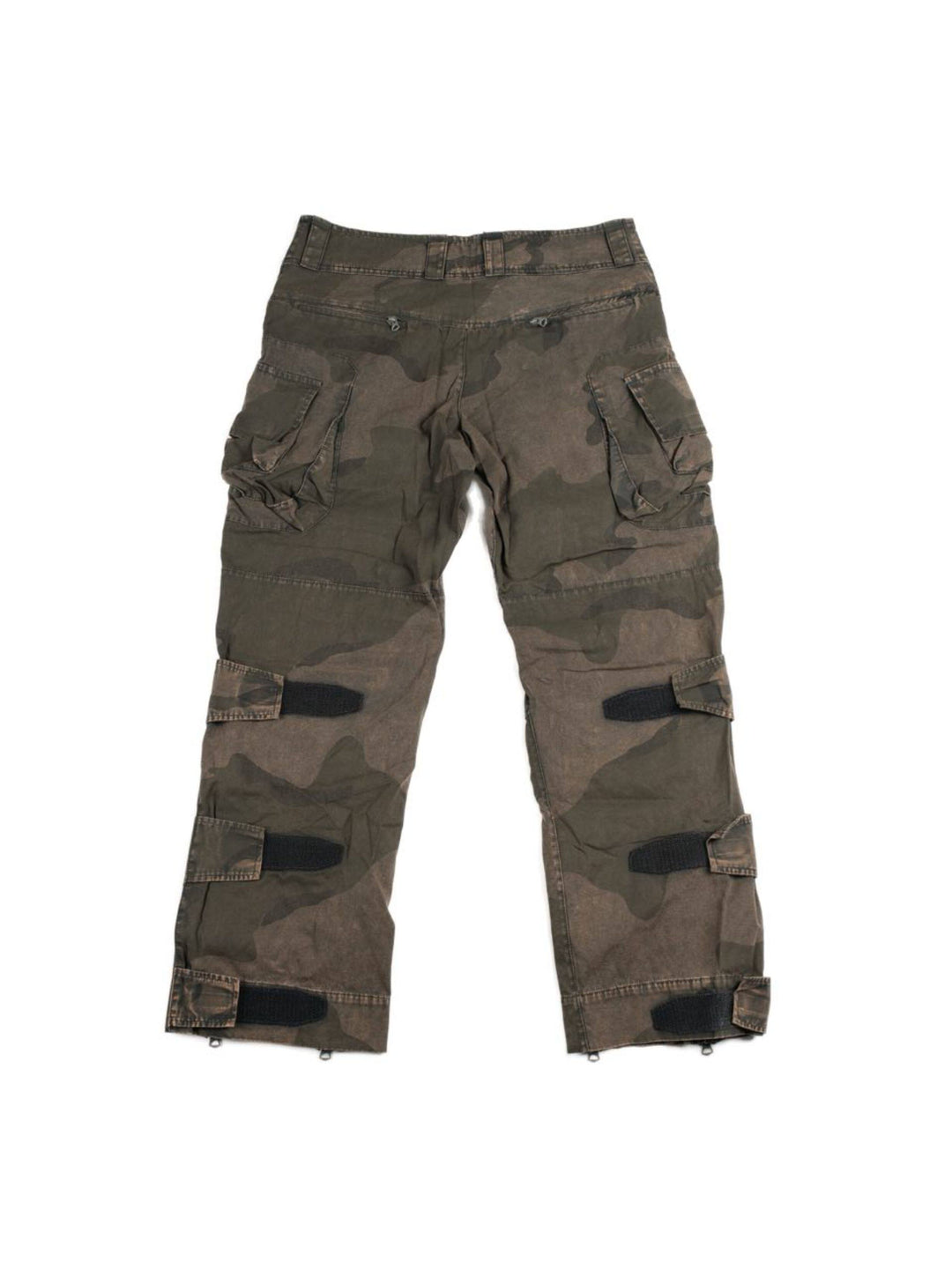 IXION dead leaf brown washed camouflage combat pants — back flat-lay showing rear pockets and adjustable hook-and-loop leg straps