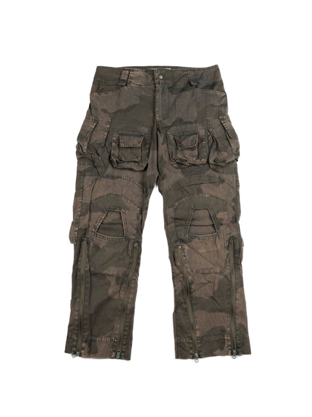 IXION dead leaf brown washed camouflage combat pants — front flat-lay showing the layered cargo pockets and lower-leg zippers