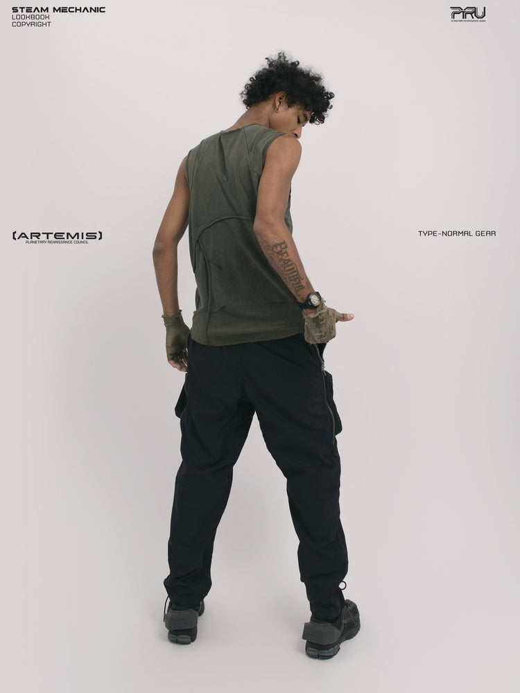 RIFT ARC deconstructed tank in moss green — full-length rear three-quarter modeled view