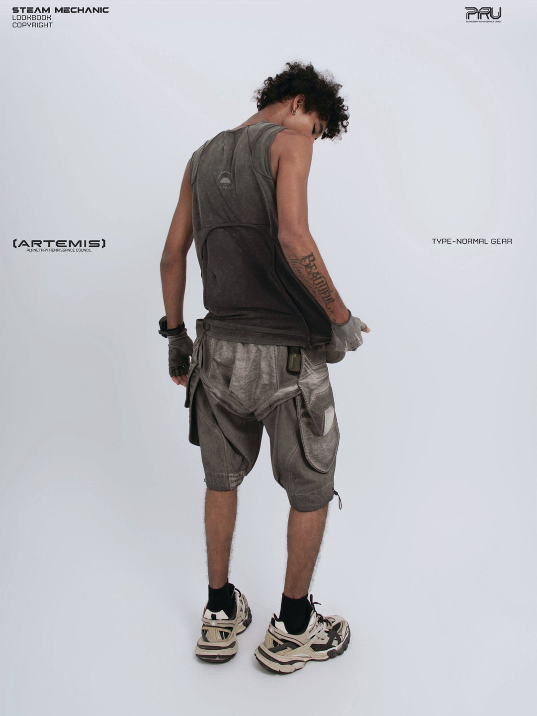 RIFT ARC deconstructed tank in washed gray — full-length rear three-quarter modeled view looking to the side