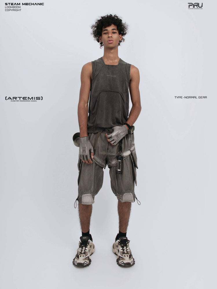 RIFT ARC deconstructed tank in washed gray — full-length front modeled view with hand at waist