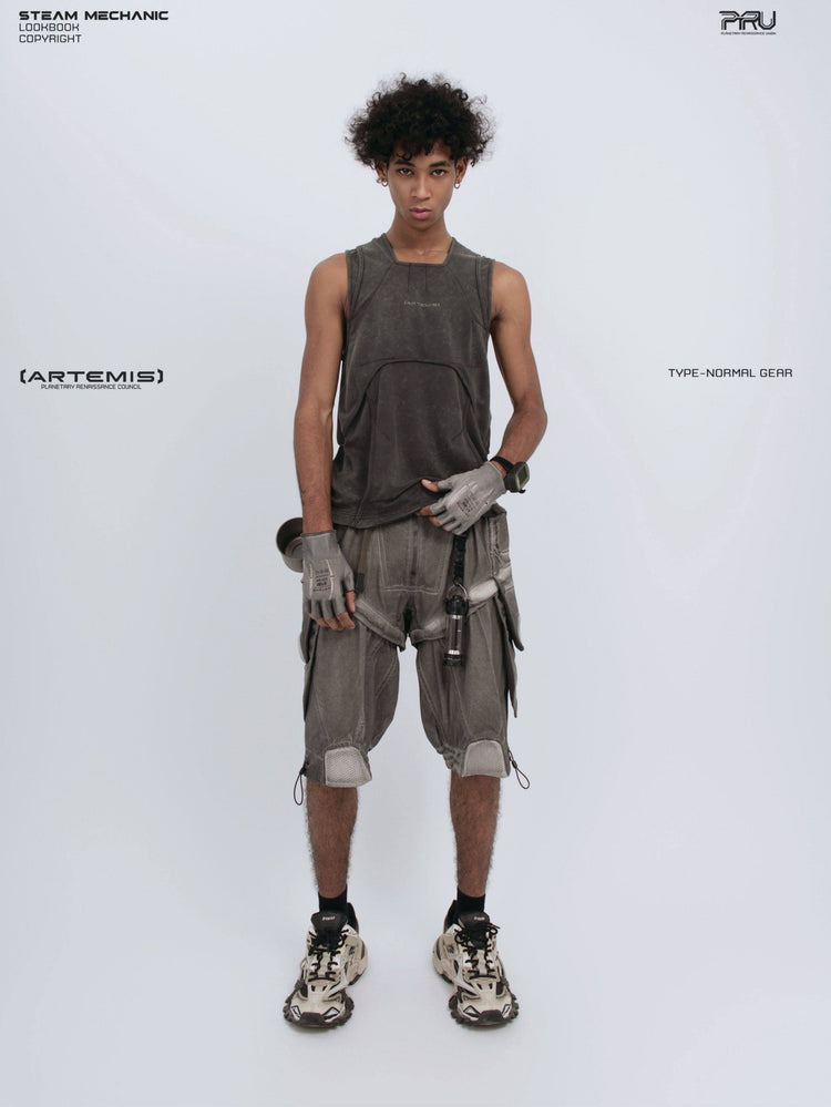 RIFT ARC deconstructed tank in washed gray — front modeled view holding one side of the hem