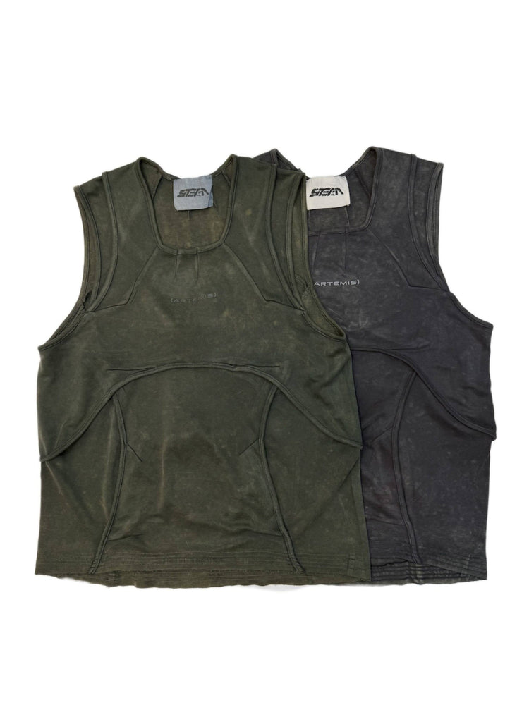 RIFT ARC deconstructed tank in moss green and washed gray — overlapping front flat-lay views