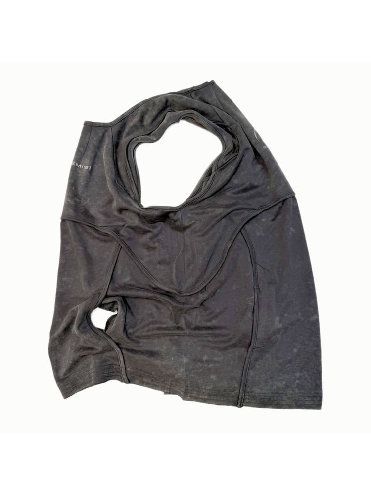 RIFT ARC deconstructed tank in washed gray — flat-lay detail showing folded side construction and armhole