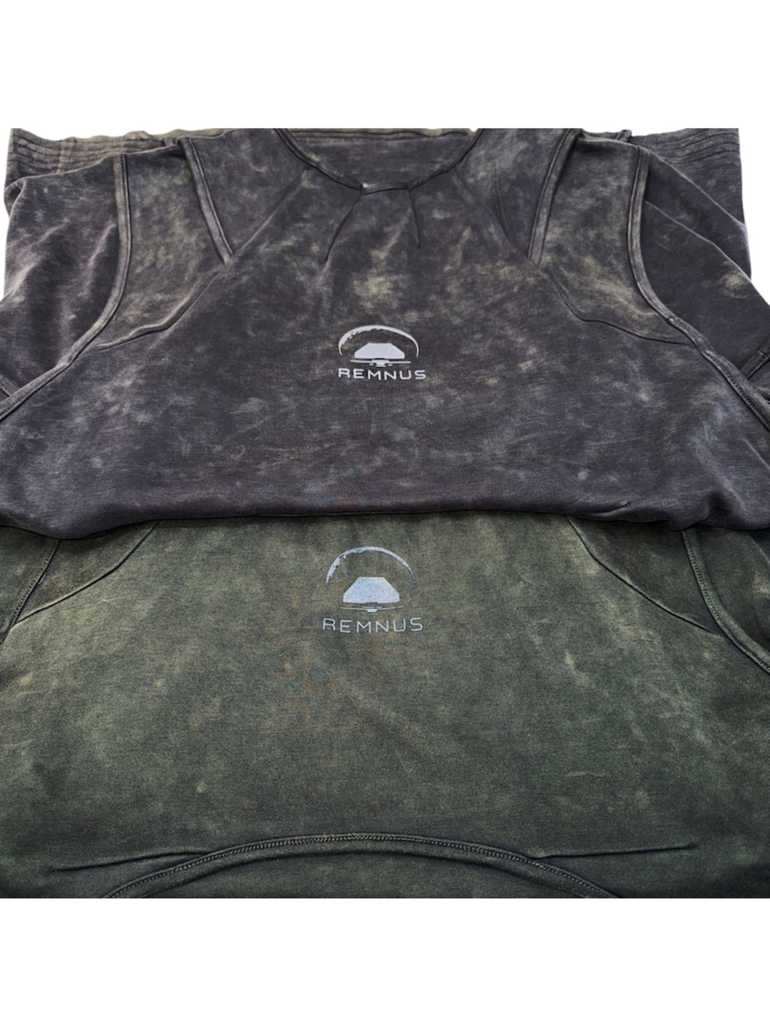 RIFT ARC deconstructed tank in washed gray and moss green — REMNUS rear logo detail