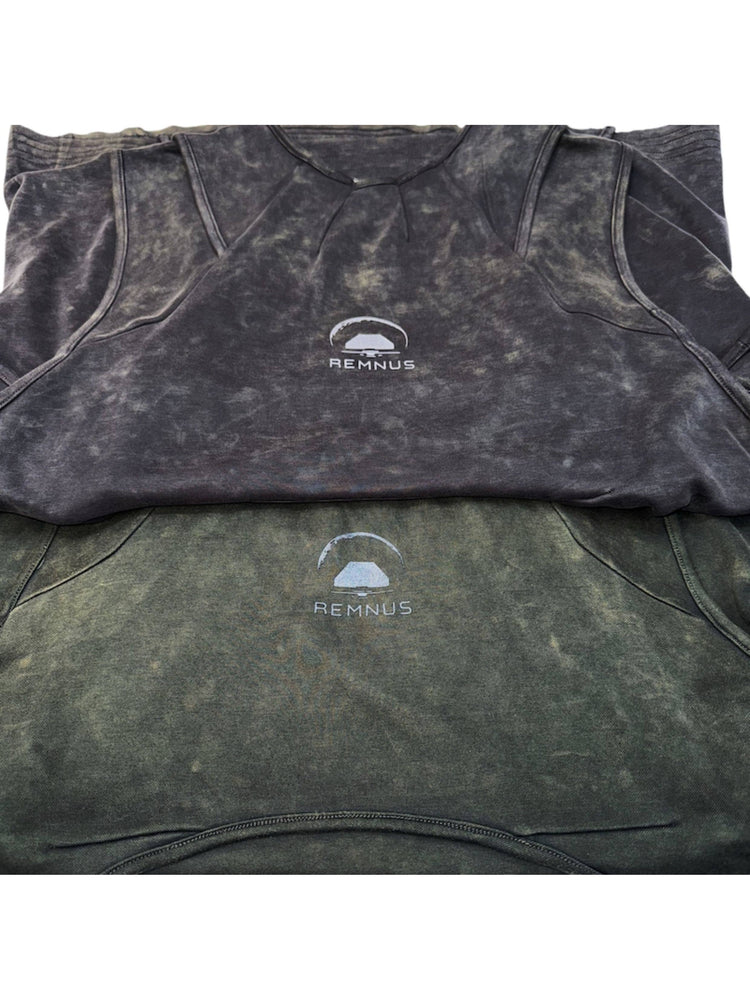 RIFT ARC deconstructed tank in washed gray and moss green — REMNUS rear logo detail