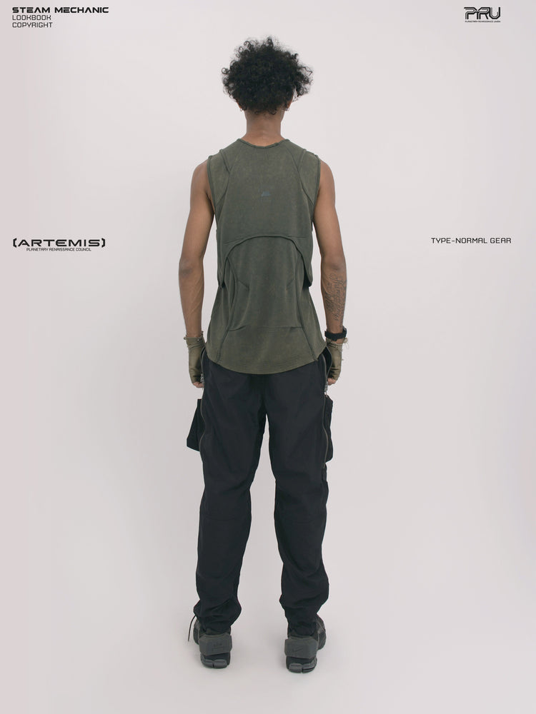 RIFT ARC deconstructed tank in moss green — full-length straight back modeled view