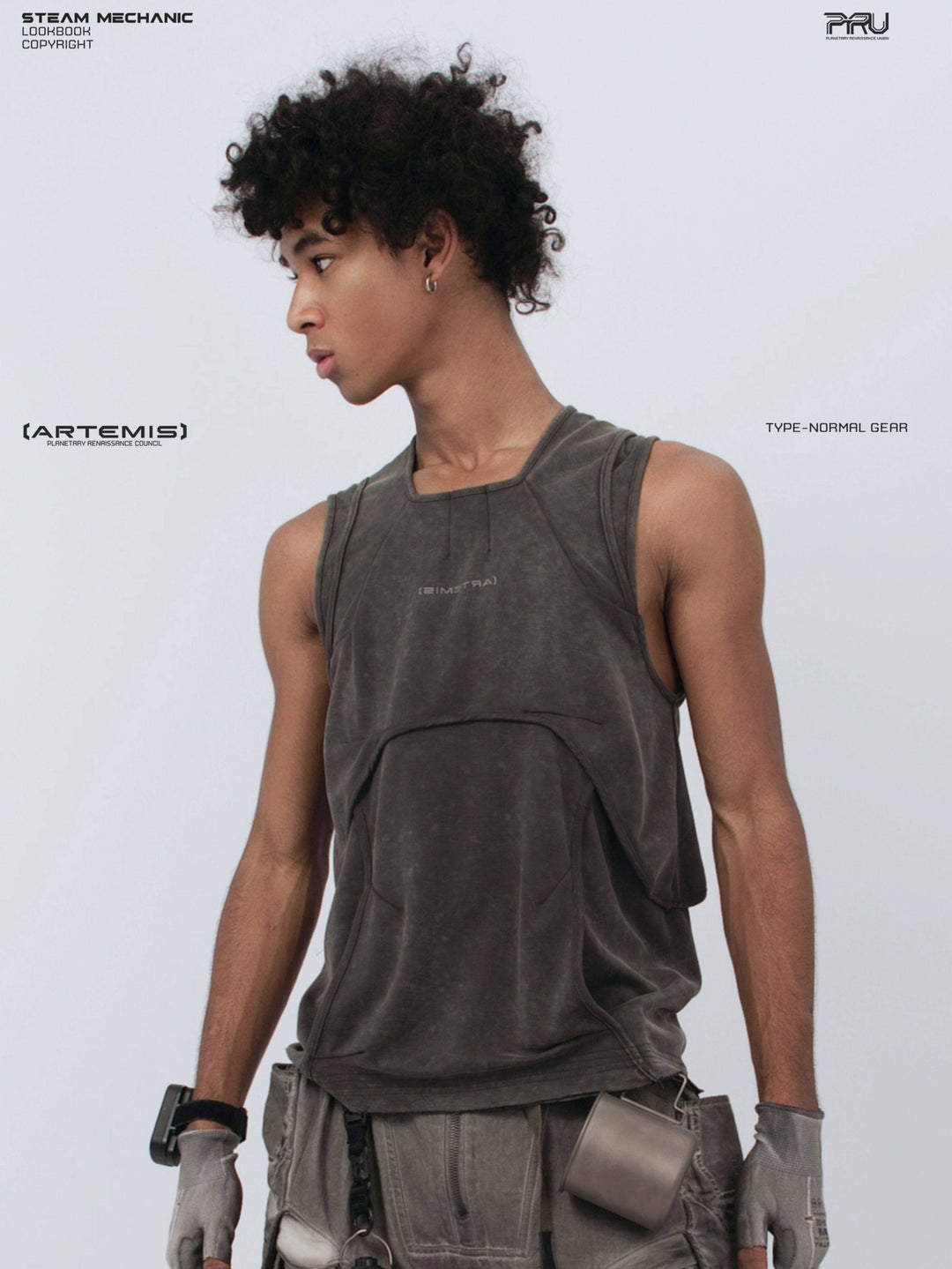 RIFT ARC deconstructed tank in washed gray — front three-quarter close-up showing curved layered panels