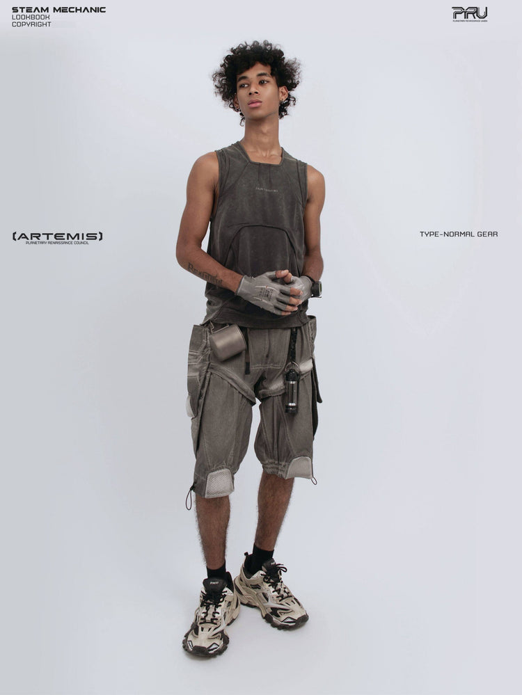 RIFT ARC deconstructed tank in washed gray — full-length front three-quarter modeled view with hands clasped