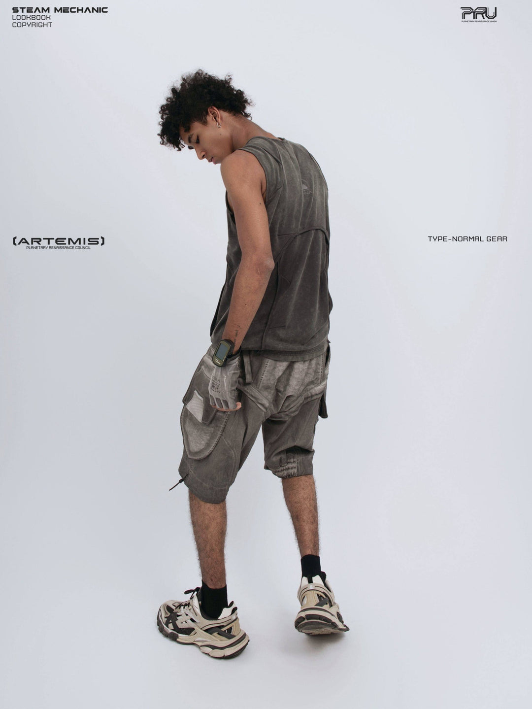 RIFT ARC deconstructed tank in washed gray — full-length rear three-quarter modeled view looking down
