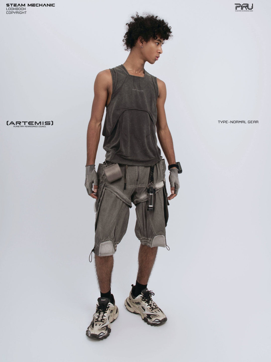 RIFT ARC deconstructed tank in washed gray — full-length front modeled view with arms relaxed