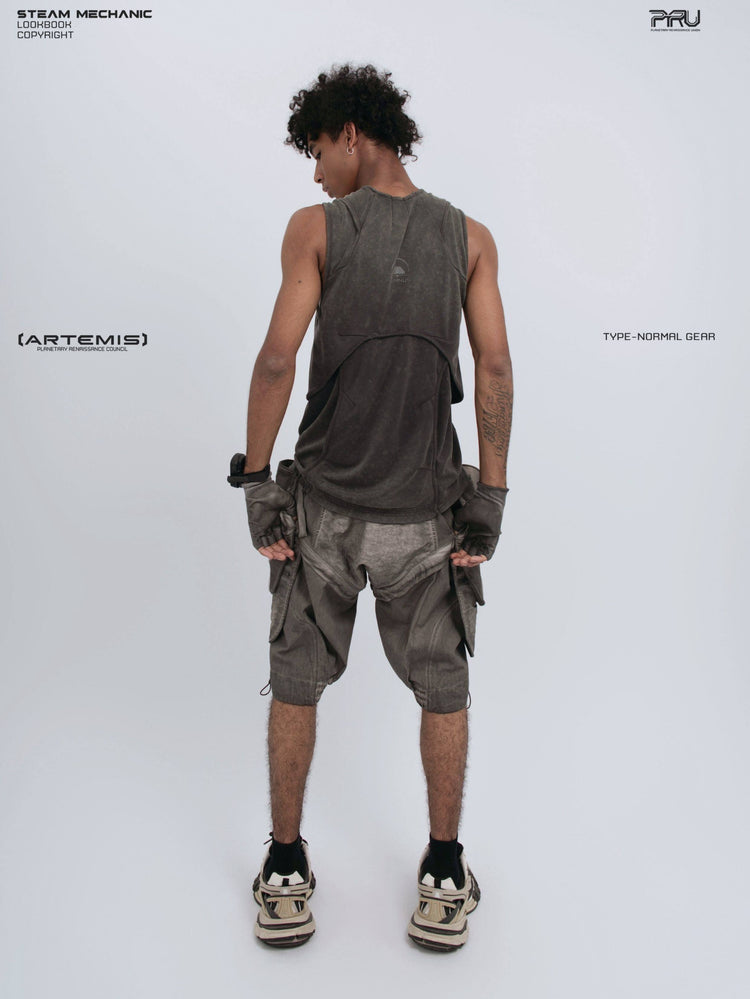 RIFT ARC deconstructed tank in washed gray — full-length back modeled view with head turned