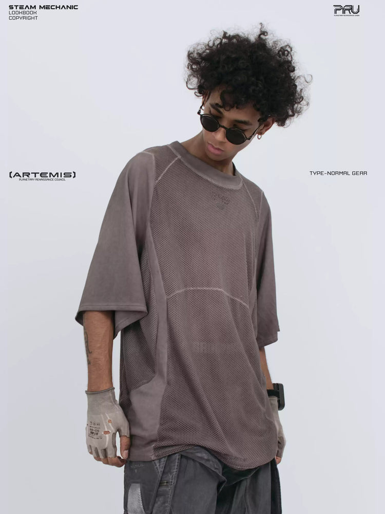 STARFIELD WELDER dust mist purple distressed mesh tee — front modeled close-up looking down