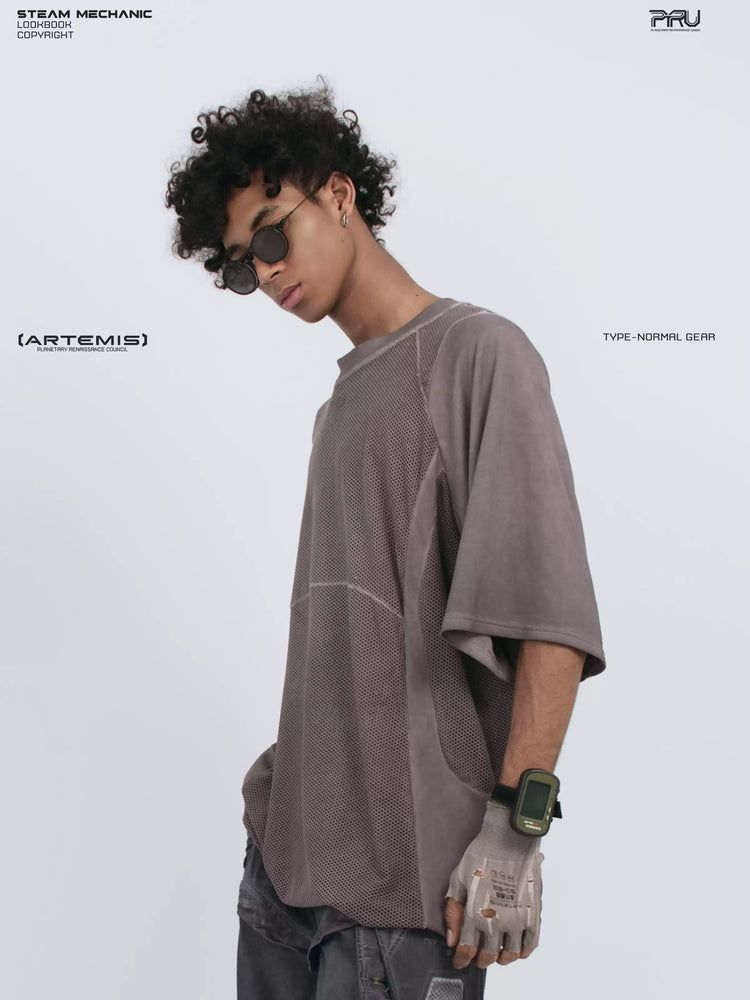 STARFIELD WELDER dust mist purple distressed mesh tee — opposite three-quarter modeled close-up