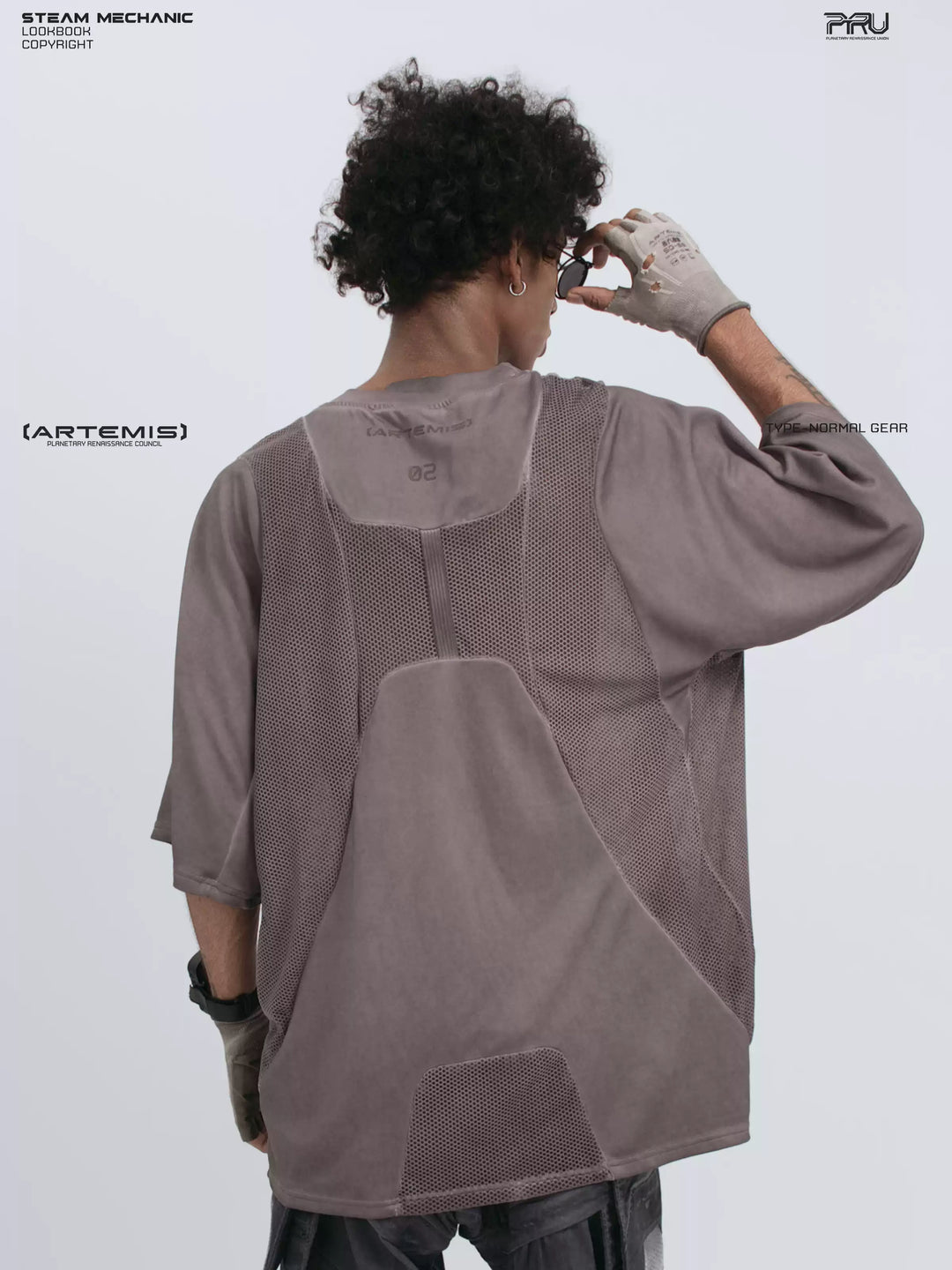 STARFIELD WELDER dust mist purple distressed mesh tee — back modeled close-up showing the curved mesh panels