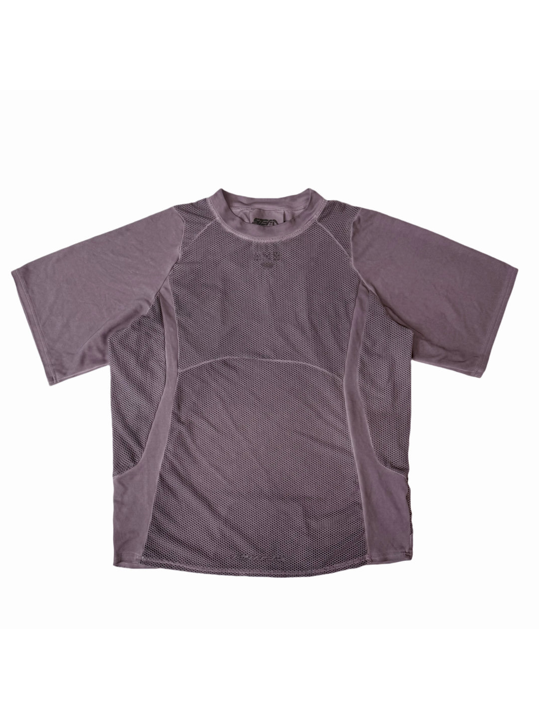 STARFIELD WELDER dust mist purple distressed mesh tee — front garment-only flat-lay showing the purple curved mesh panels