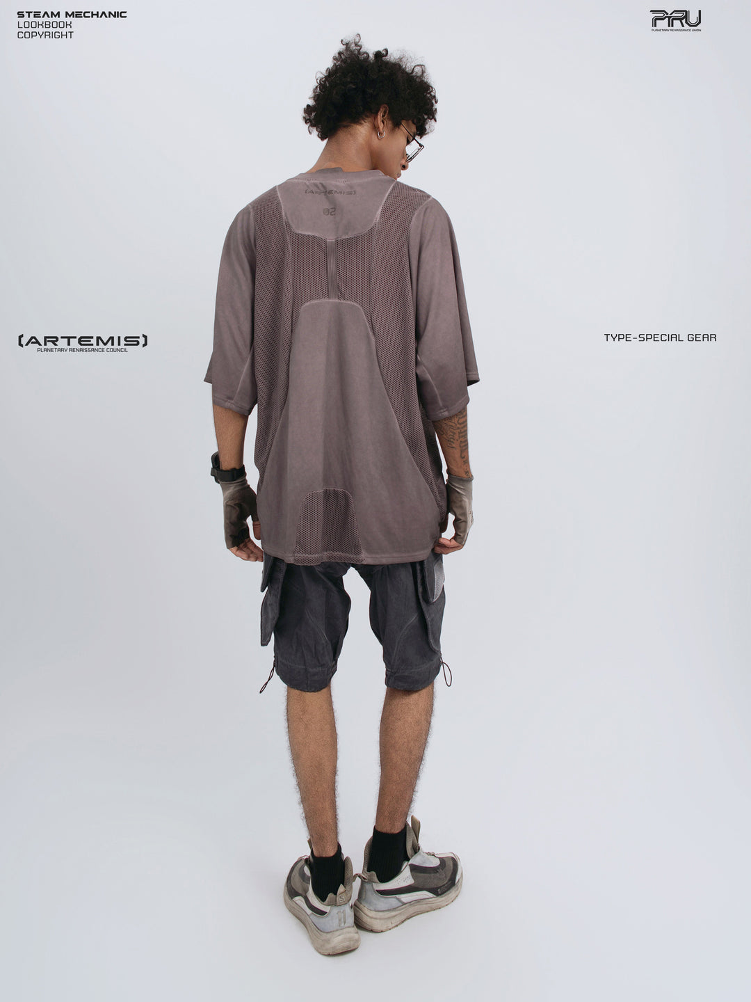 STARFIELD WELDER dust mist purple distressed mesh tee — full-length rear view showing the mesh back panels