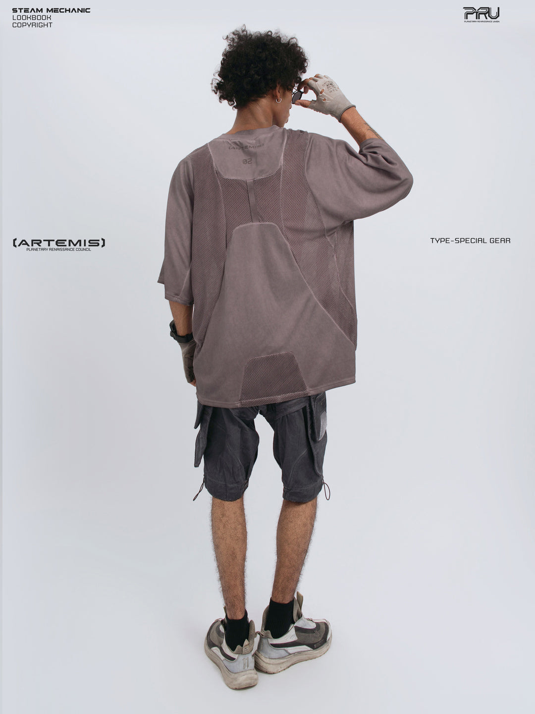 STARFIELD WELDER dust mist purple distressed mesh tee — full-length back view with one arm raised