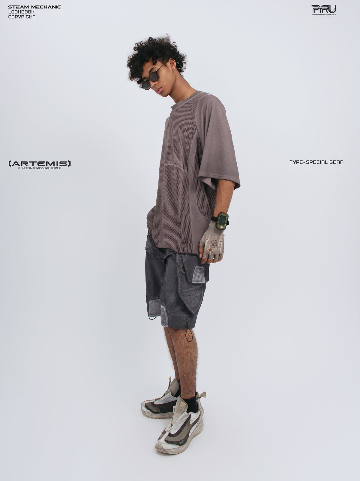 STARFIELD WELDER dust mist purple distressed mesh tee — full-length side view showing the oversized sleeve