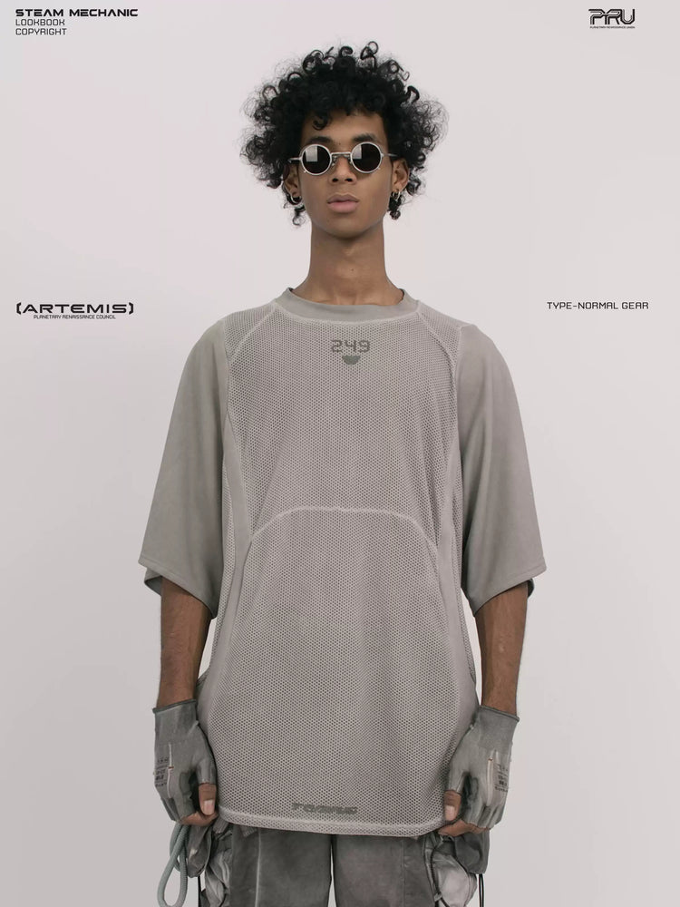 STARFIELD WELDER lunar sea gray distressed mesh tee — front modeled close-up