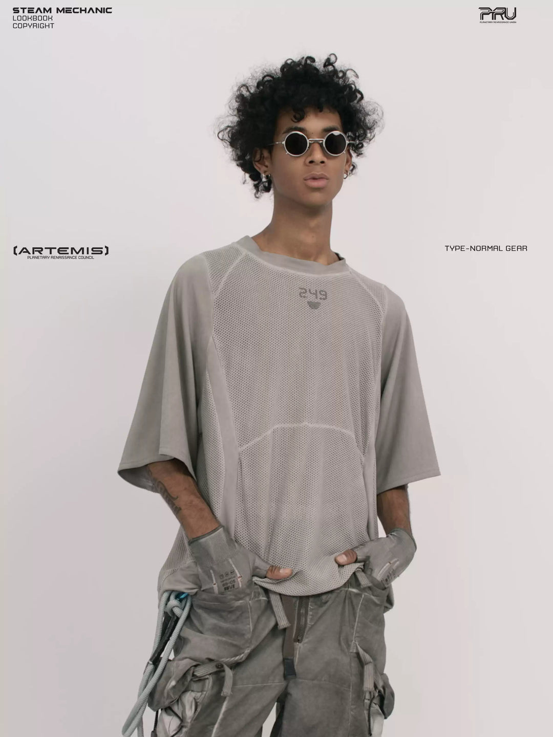 STARFIELD WELDER lunar sea gray distressed mesh tee — front modeled close-up holding the hem