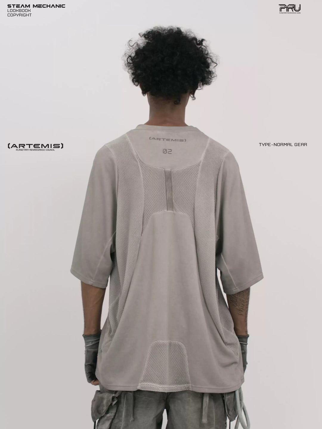 STARFIELD WELDER lunar sea gray distressed mesh tee — back modeled close-up showing mesh panels