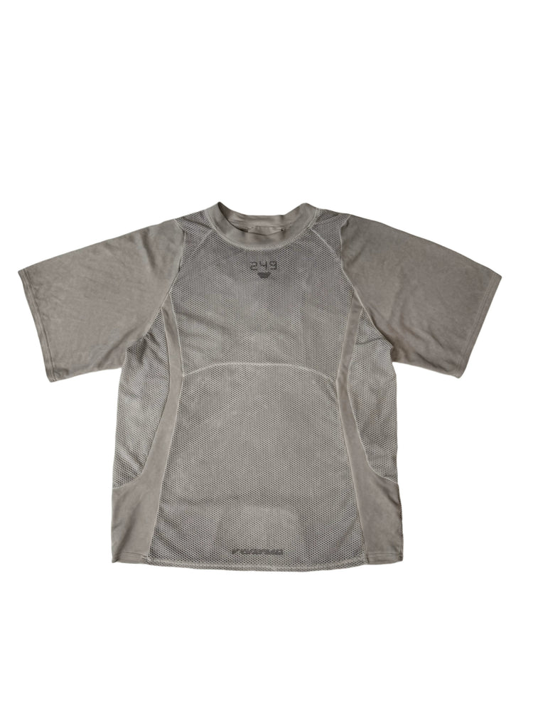 STARFIELD WELDER lunar sea gray distressed mesh tee — front garment-only flat-lay showing the gray curved mesh panels