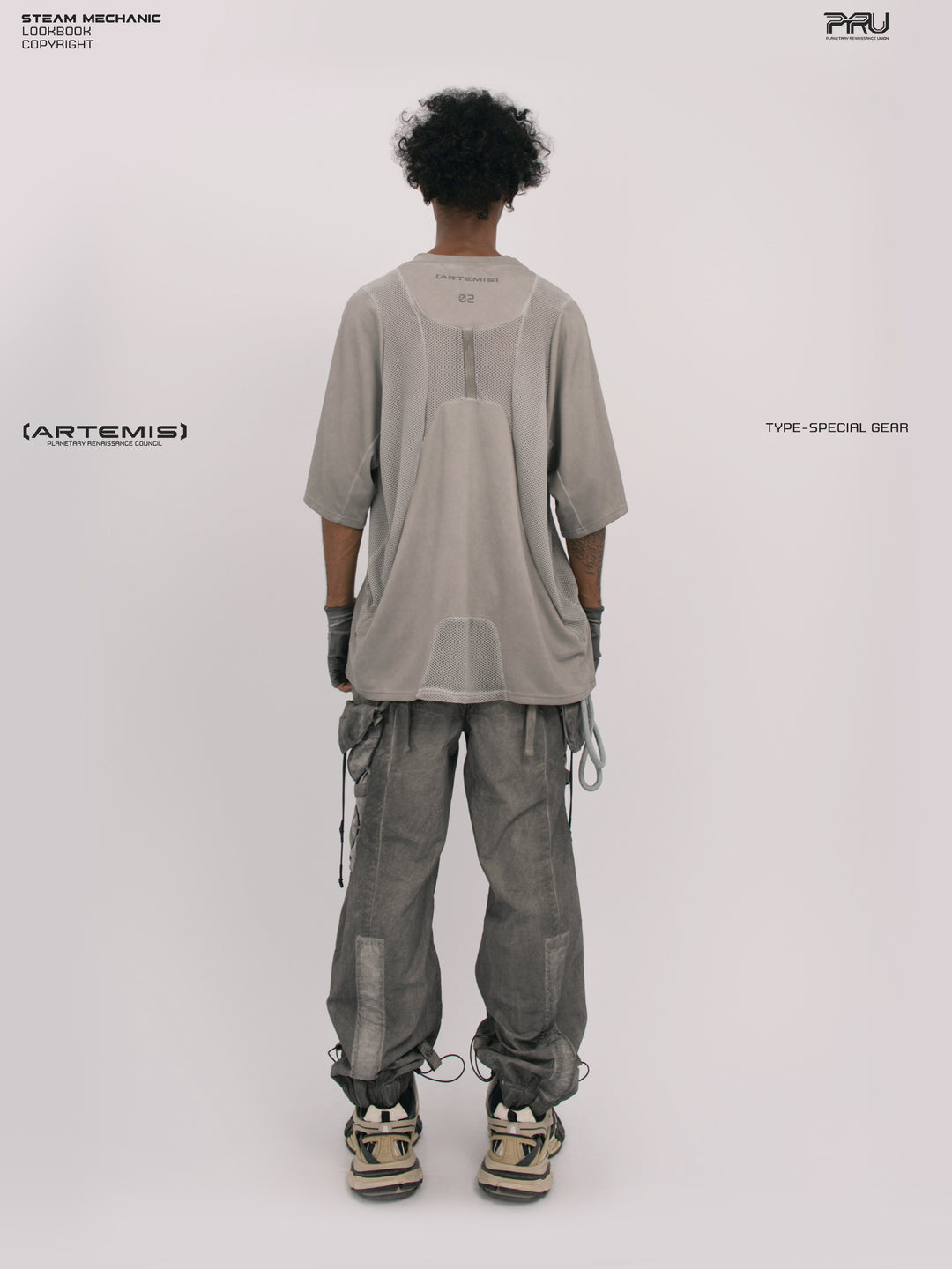 STARFIELD WELDER lunar sea gray distressed mesh tee — full-length straight back modeled view