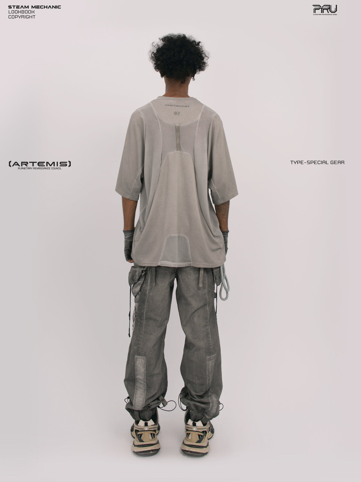 STARFIELD WELDER lunar sea gray distressed mesh tee — full-length straight back modeled view