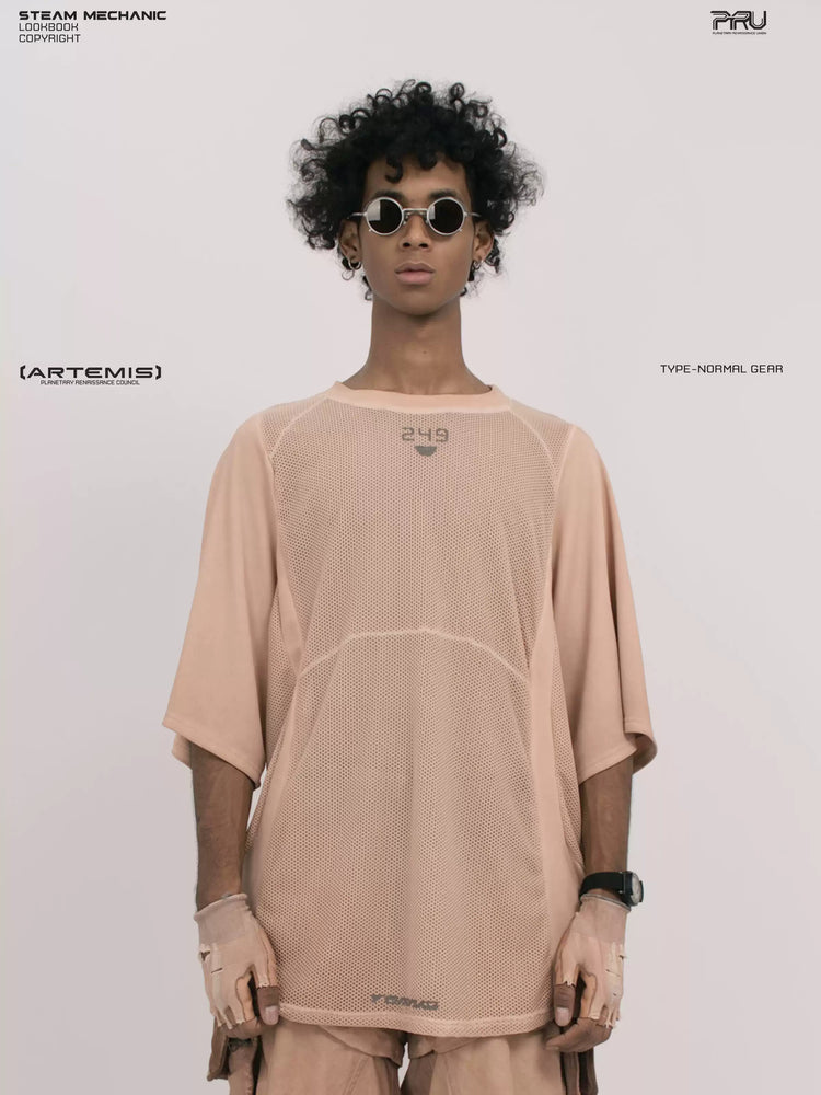 STARFIELD WELDER soft dawn orange distressed mesh tee — front modeled close-up