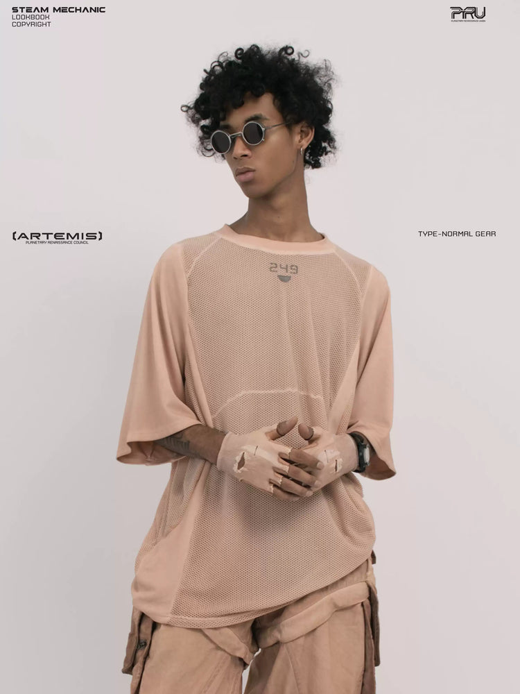STARFIELD WELDER soft dawn orange distressed mesh tee — three-quarter modeled close-up with hands clasped