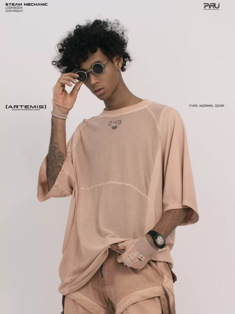 STARFIELD WELDER soft dawn orange distressed mesh tee — front modeled close-up adjusting sunglasses