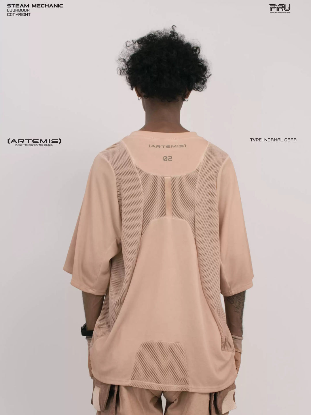 STARFIELD WELDER soft dawn orange distressed mesh tee — back modeled close-up showing mesh panels