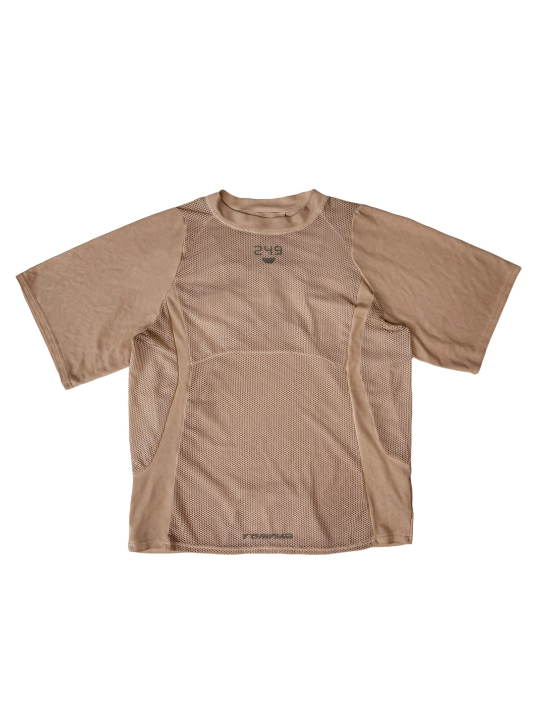STARFIELD WELDER soft dawn orange distressed mesh tee — front garment-only flat-lay showing the orange curved mesh panels