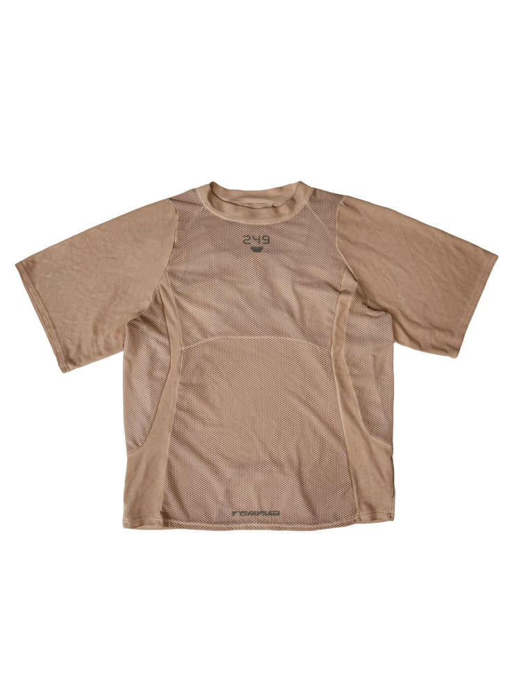STARFIELD WELDER soft dawn orange distressed mesh tee — front garment-only flat-lay showing the orange curved mesh panels