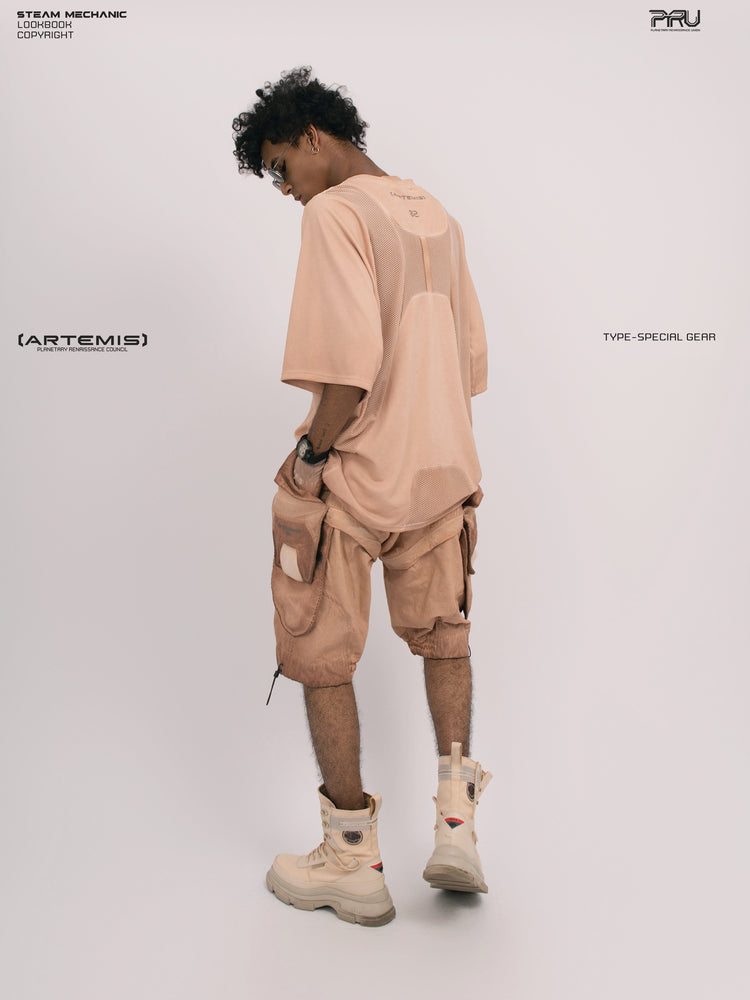 STARFIELD WELDER soft dawn orange distressed mesh tee — full-length rear three-quarter modeled view