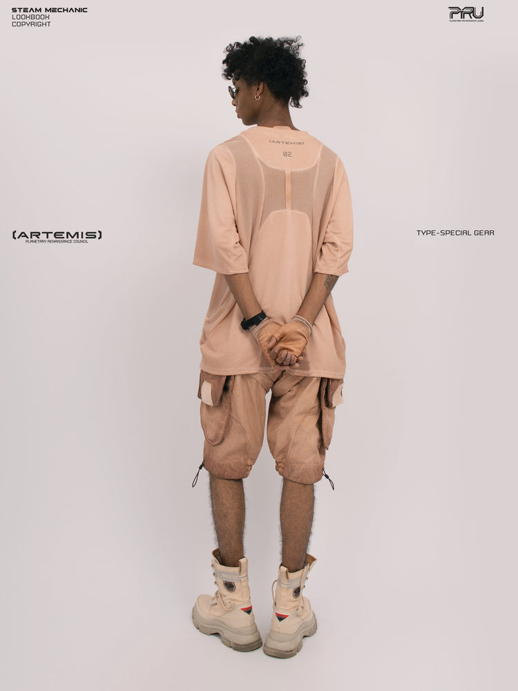 STARFIELD WELDER soft dawn orange distressed mesh tee — full-length back view with hands clasped