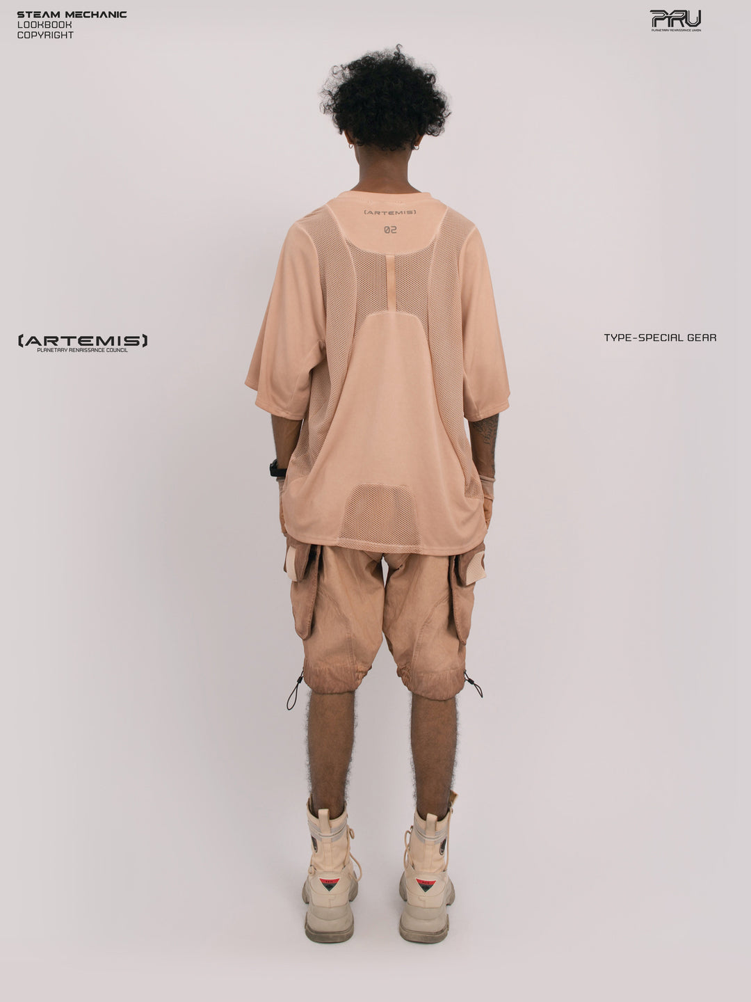 STARFIELD WELDER soft dawn orange distressed mesh tee — full-length straight back modeled view