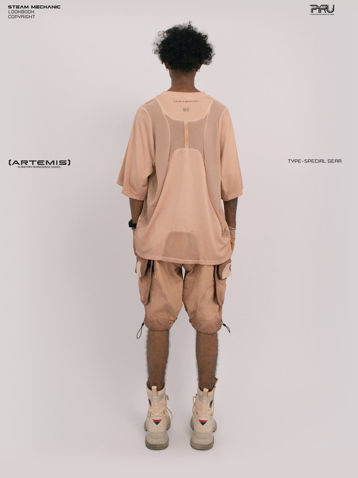 STARFIELD WELDER soft dawn orange distressed mesh tee — full-length straight back modeled view