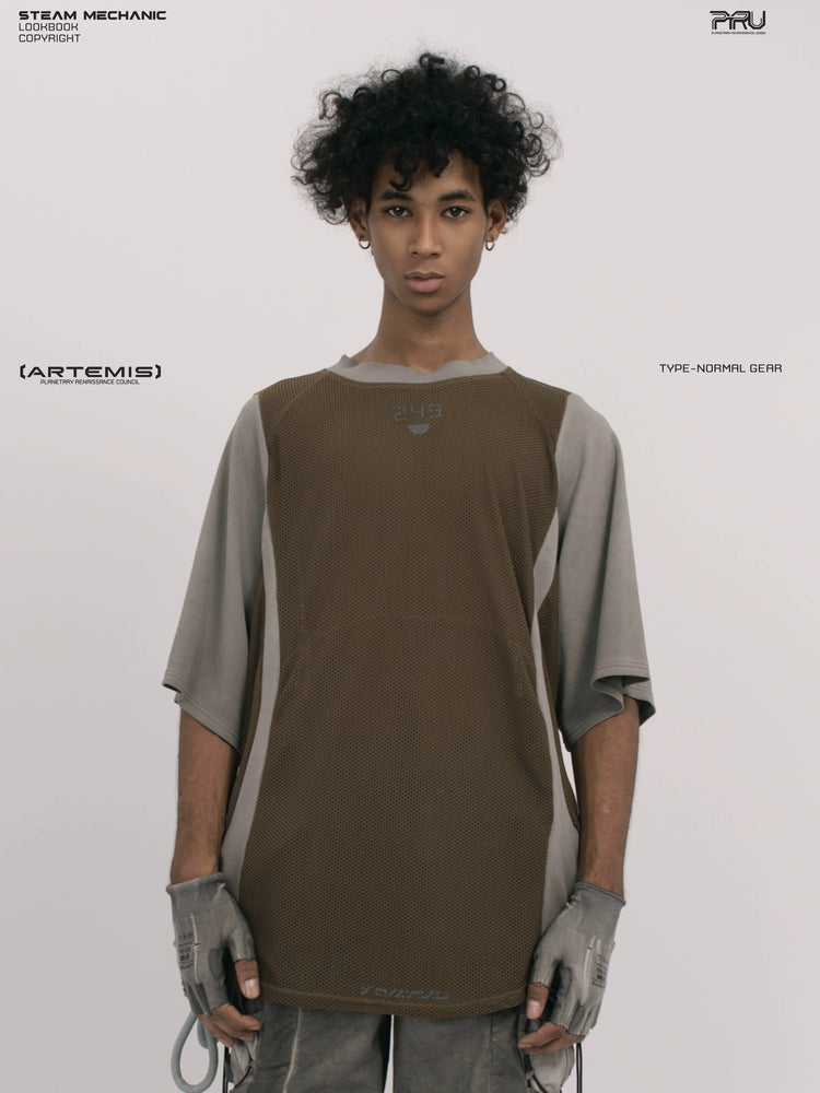 STARFIELD WELDER steel tundra distressed mesh tee — front modeled close-up