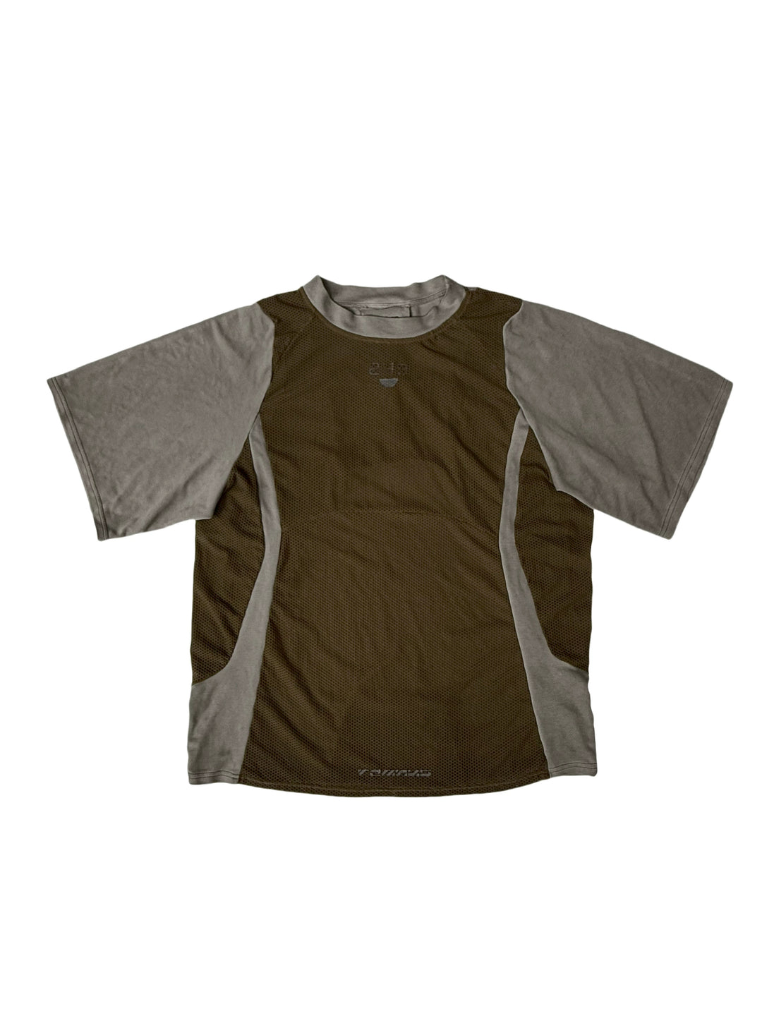 STARFIELD WELDER steel tundra distressed mesh tee — front garment-only flat-lay showing the olive body and contrasting gray sleeves
