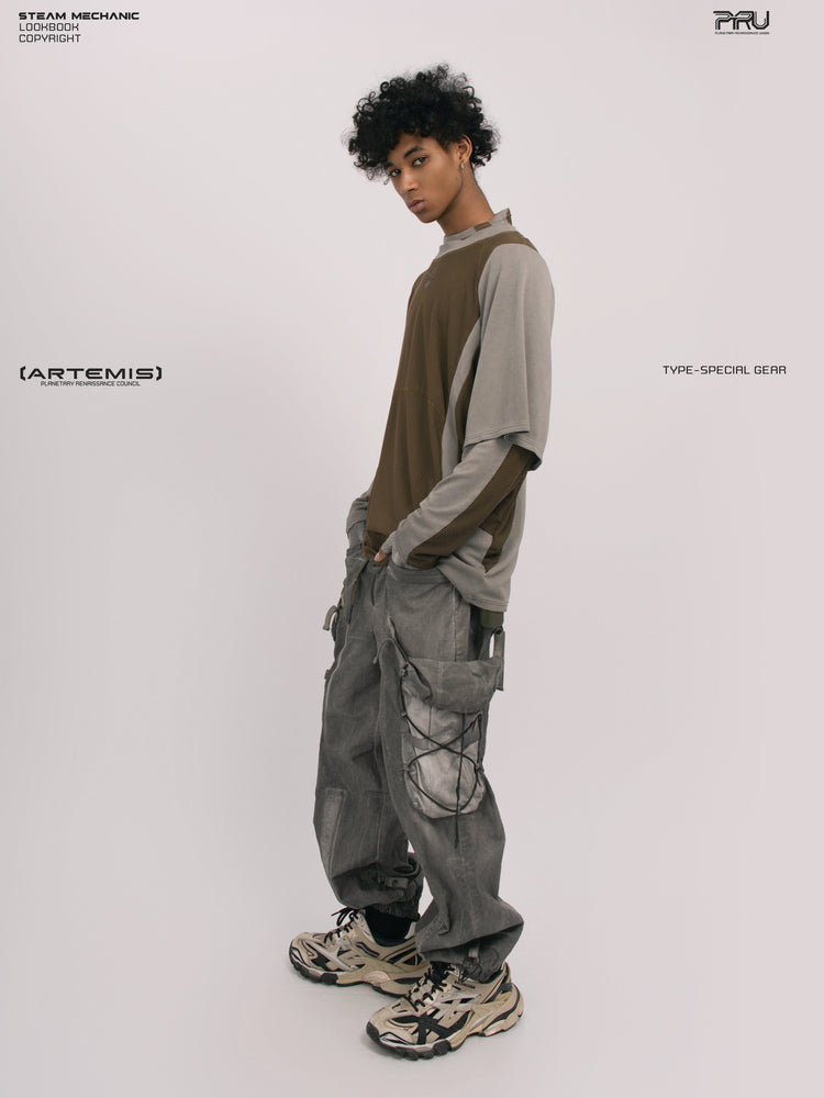 STARFIELD WELDER steel tundra distressed mesh tee — full-length side view layered over a long-sleeve top