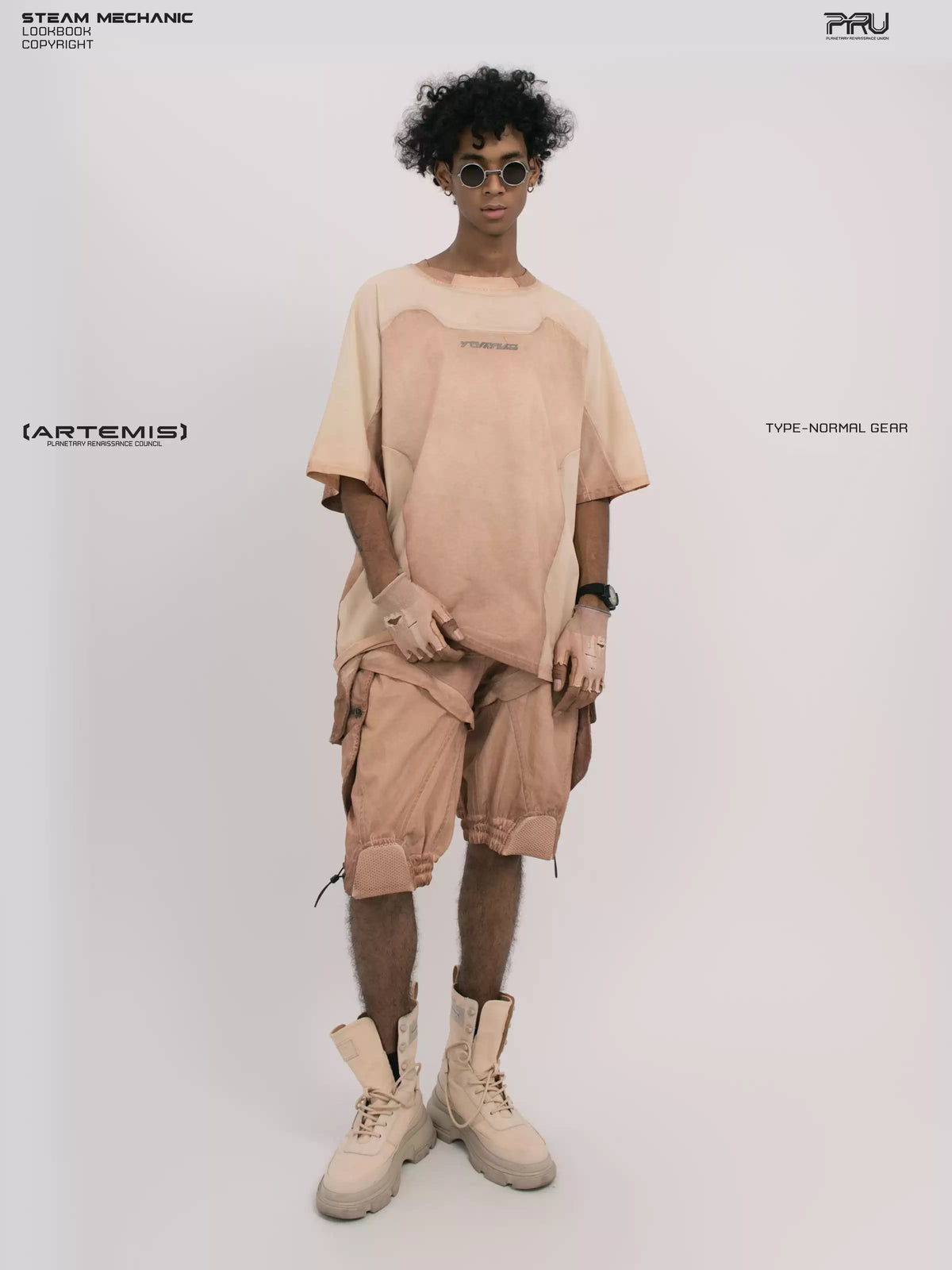 VOID soft dawn orange breathable technical tee — full-length front modeled view with hand at the hem