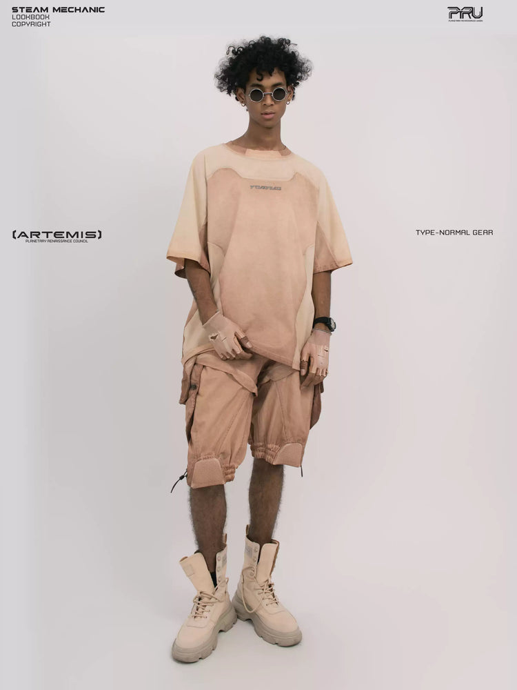 VOID soft dawn orange breathable technical tee — full-length front modeled view with hand at the hem