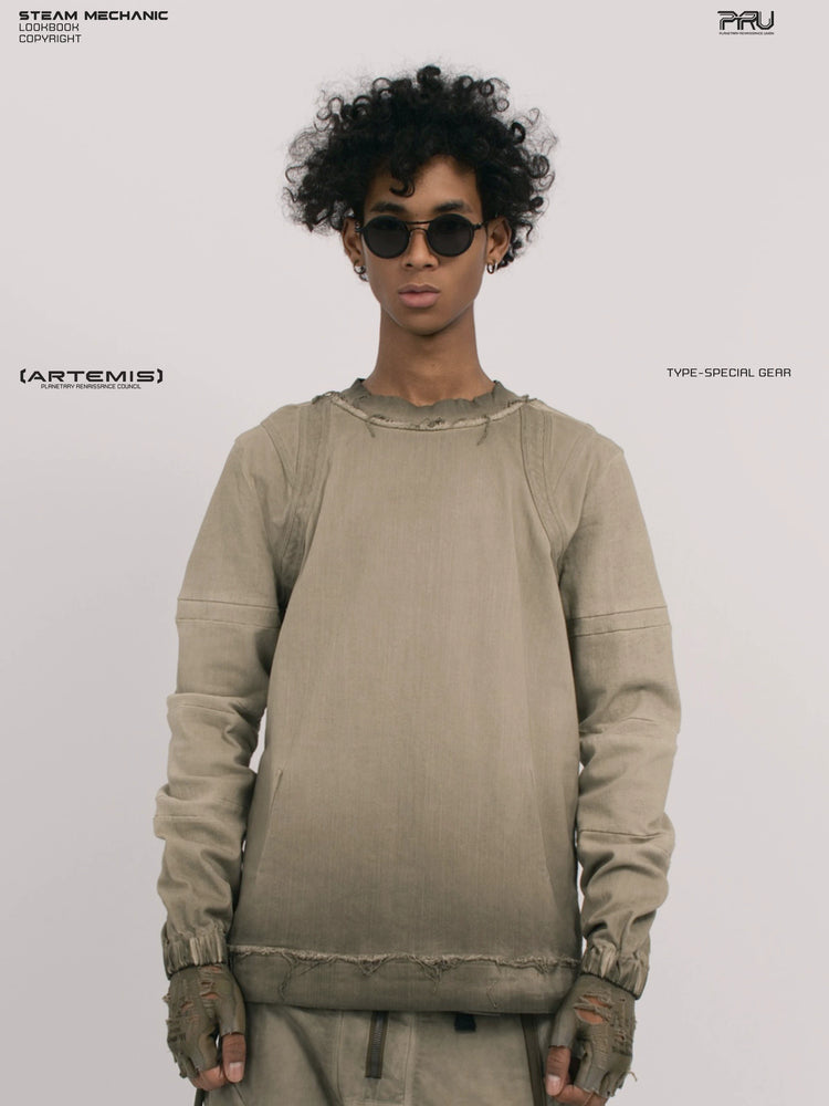 CHAOS ERA xirang brown raw-edge long-sleeve top — front modeled close-up