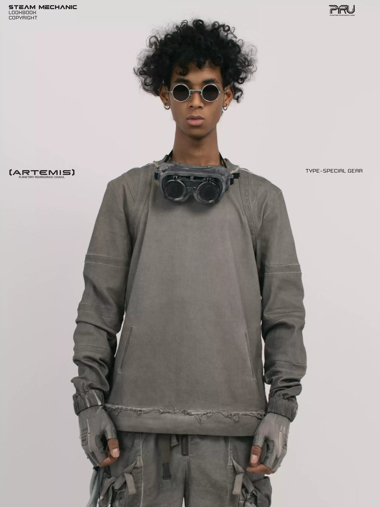 CHAOS ERA moon dust gray raw-edge long-sleeve top — front modeled close-up
