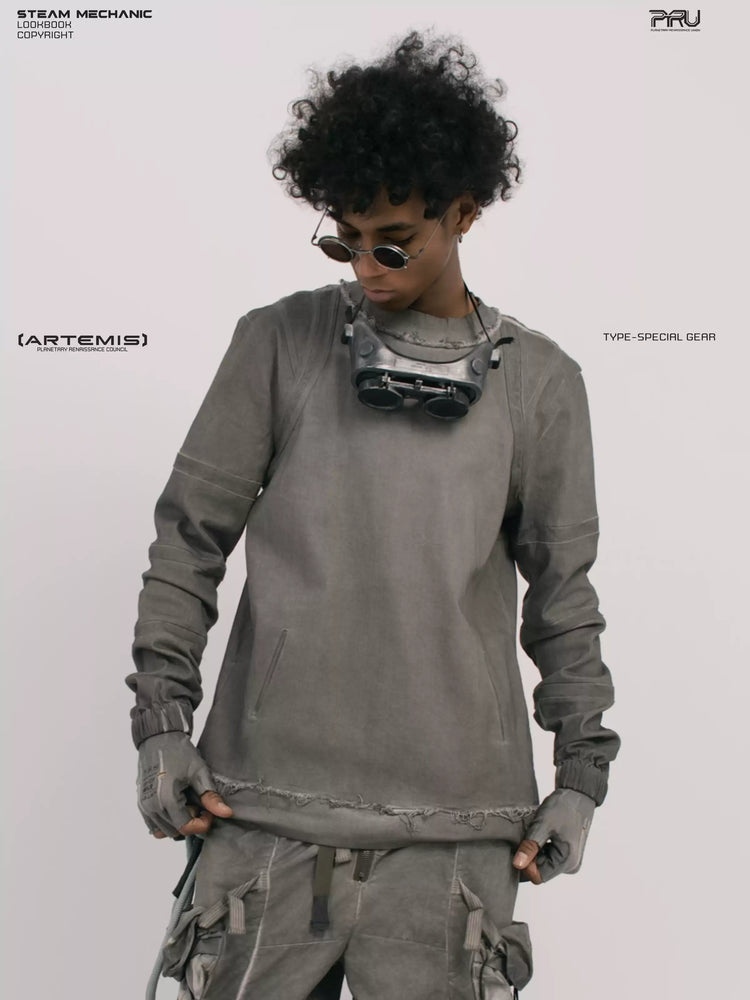 CHAOS ERA moon dust gray raw-edge long-sleeve top — front modeled close-up showing the raw hem