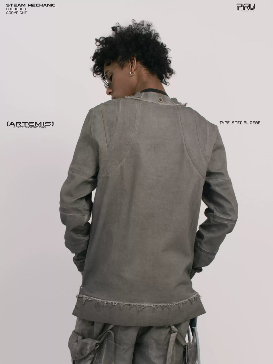 CHAOS ERA moon dust gray raw-edge long-sleeve top — back modeled close-up showing curved shoulder seams
