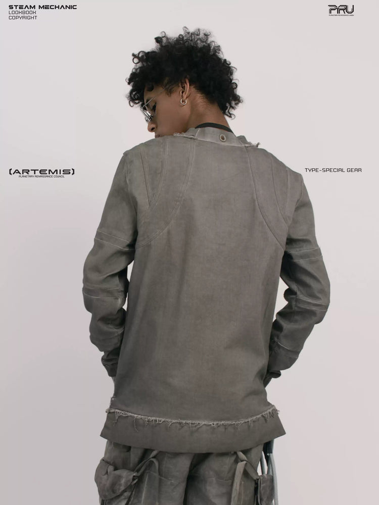 CHAOS ERA moon dust gray raw-edge long-sleeve top — back modeled close-up showing curved shoulder seams