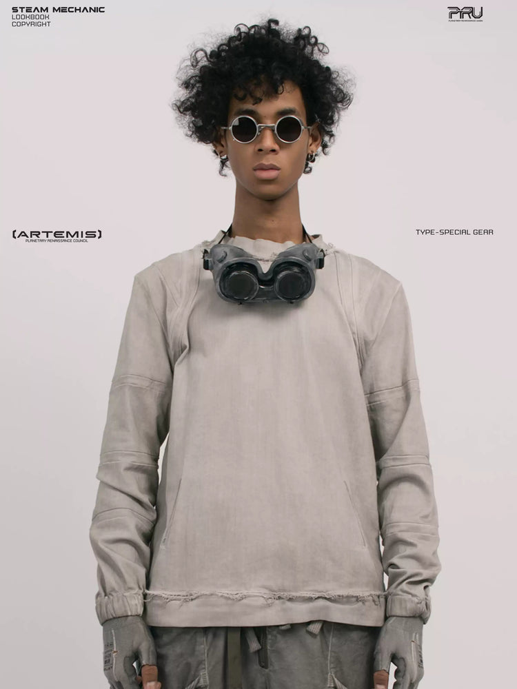 CHAOS ERA eris white raw-edge long-sleeve top — front modeled close-up